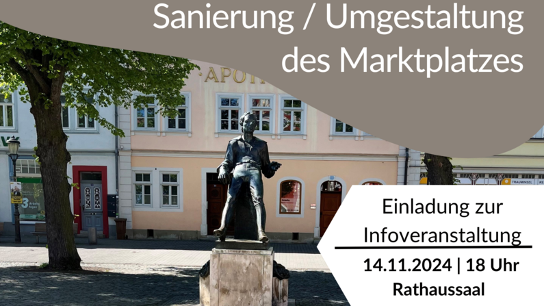 Auf dem Bild ist das Bachdenkmal in Arnstadt zu sehen, verbunden mit dem Hinweis auf eine Infoveranstaltung am 14.11.2024. 